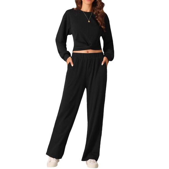 Two Piece Outfits Sweatsuit Sweatshirt Sweatpant Tracksuit Lounge Sets Black - Picture 1 of 6